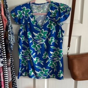Zara Blue and Green Relaxed Ruffled Blouse